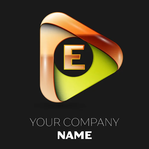 Realistické zlaté písmeno E logo symbol ve tvaru zlaté zelený trojúhelník na černém pozadí. Vektor šablona pro návrh — Stockový vektor