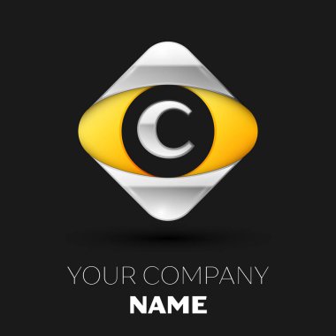 Gerçekçi gümüş harf C logo sembol siyah arka plan üzerinde renkli gümüş-sarı kare şeklinde. Tasarımınız için vektör şablonu