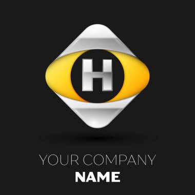 Gerçekçi gümüş H harfi logo sembol siyah arka plan üzerinde renkli gümüş-sarı kare şeklinde. Tasarımınız için vektör şablonu