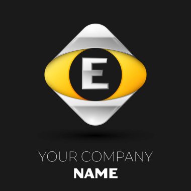 Gerçekçi gümüş harf E logo sembol siyah arka plan üzerinde renkli gümüş-sarı kare şeklinde. Tasarımınız için vektör şablonu