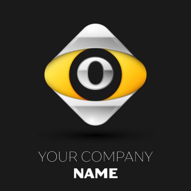 Gerçekçi gümüş harf O logo sembol siyah arka plan üzerinde renkli gümüş-sarı kare şeklinde. Tasarımınız için vektör şablonu