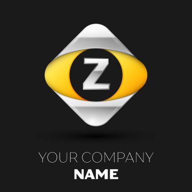 Gerçekçi gümüş harf Z logo sembol siyah arka plan üzerinde renkli gümüş-sarı kare şeklinde. Tasarımınız için vektör şablonu