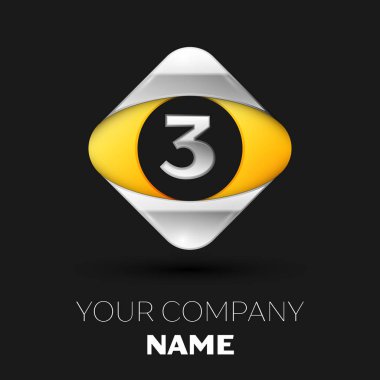Gerçekçi gümüş üç numara logo sembol siyah arka plan üzerinde renkli gümüş-sarı kare şeklinde. Tasarımınız için vektör şablonu