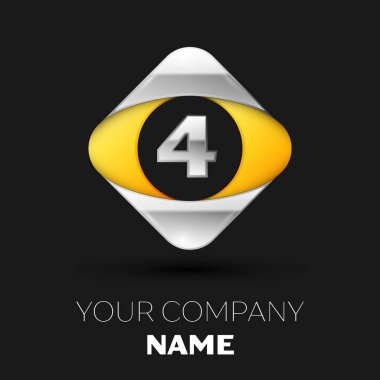Gerçekçi gümüş dört numara logo sembol siyah arka plan üzerinde renkli gümüş-sarı kare şeklinde. Tasarımınız için vektör şablonu