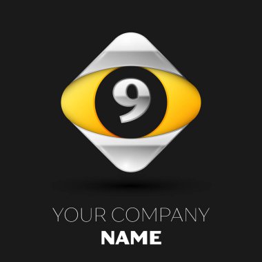 Gerçekçi gümüş Number Nine logo sembol siyah arka plan üzerinde renkli gümüş-sarı kare şeklinde. Tasarımınız için vektör şablonu