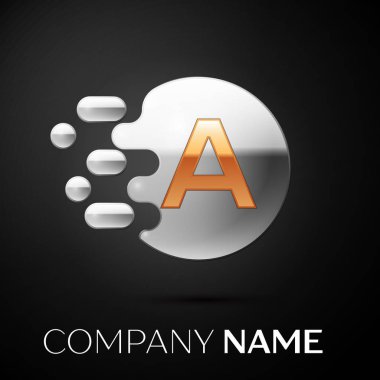 Altın harf A logo. Gümüş nokta sıçrama ve siyah arka plan üzerine sıvı kabarcık şekli. Tasarımınız için vektör şablonu