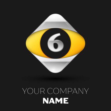 Gerçekçi gümüş altı numara logo sembol siyah arka plan üzerinde renkli gümüş-sarı kare şeklinde. Tasarımınız için vektör şablonu