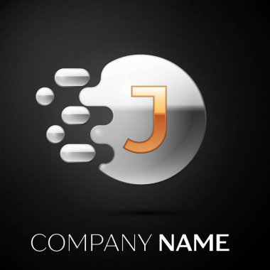 Altın harf J logosunu görmeniz gerekir. Gümüş nokta sıçrama ve siyah arka plan üzerine sıvı kabarcık şekli. Tasarımınız için vektör şablonu