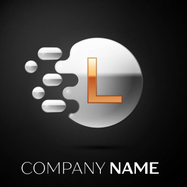 Altın L harfi logosunu görmeniz gerekir. Gümüş nokta sıçrama ve siyah arka plan üzerine sıvı kabarcık şekli. Tasarımınız için vektör şablonu