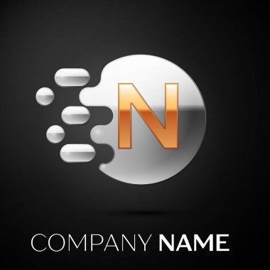 Altın harf N logosunu görmeniz gerekir. Gümüş nokta sıçrama ve siyah arka plan üzerine sıvı kabarcık şekli. Tasarımınız için vektör şablonu