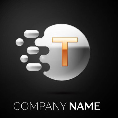 Altın mektup T logo. Gümüş nokta sıçrama ve siyah arka plan üzerine sıvı kabarcık şekli. Tasarımınız için vektör şablonu