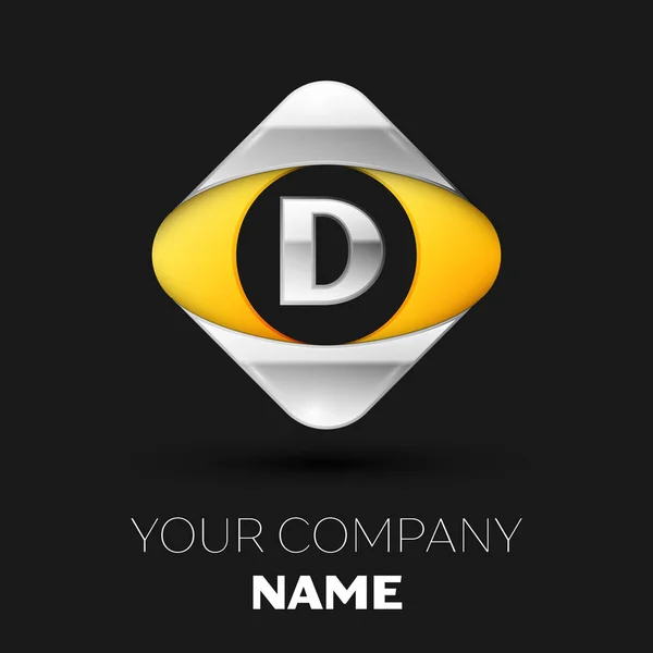 Reális ezüst D betű logo szimbólum, amely a színes ezüst-sárga négyzet alakú, fekete háttér. A design vektor sablon — Stock Vector