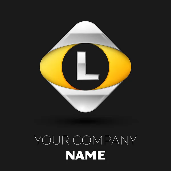 逼真的银色字母 L 标志符号在彩色银黄色正方形形状上黑色背景。用于设计的矢量模板 — 图库矢量图片