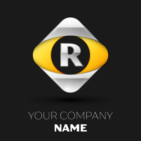 逼真的银色字母 R 标志符号在彩色银黄色正方形形状上黑色背景。用于设计的矢量模板 — 图库矢量图片
