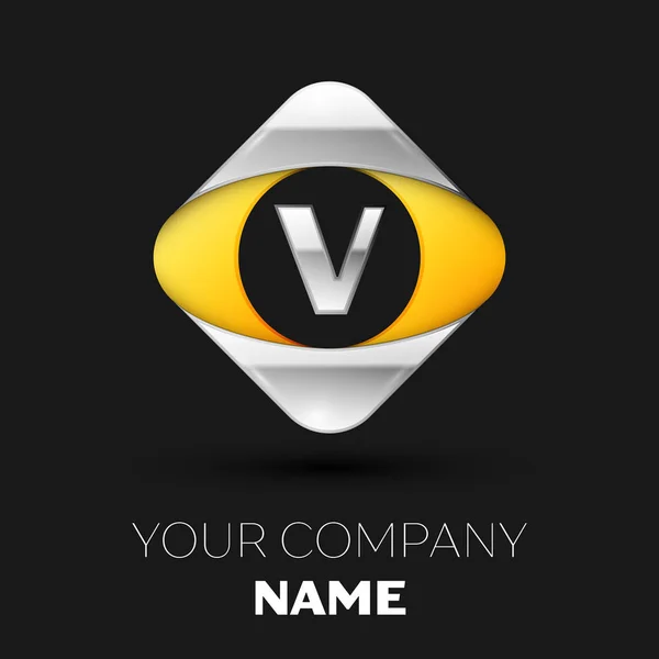 逼真的银色字母 V 标志符号在彩色银黄色正方形形状上黑色背景。用于设计的矢量模板 — 图库矢量图片