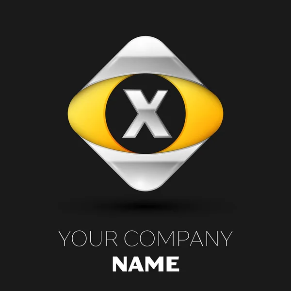 Реалістичний логотип срібної літери X у барвистій сріблясто-жовтій квадратній формі на чорному тлі. Векторний шаблон вашого дизайну — стоковий вектор