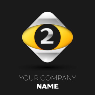 Gerçekçi gümüş iki numara logo sembol siyah arka plan üzerinde renkli gümüş-sarı kare şeklinde. Tasarımınız için vektör şablonu