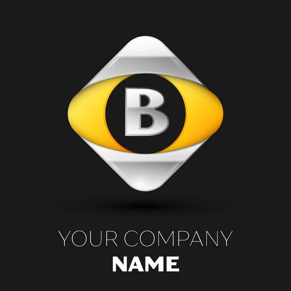 Realistic Silver Letter B logo symbol in the colorful silver-yellow square shape on black background. Vector template for your design — Stock Vector