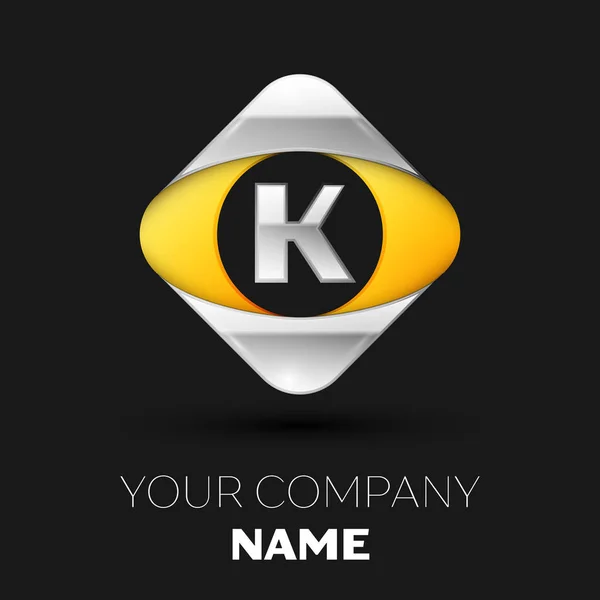 Realistic Silver Letter K logo symbol in the colorful silver-yellow square shape on black background. Vector template for your design — Stock Vector