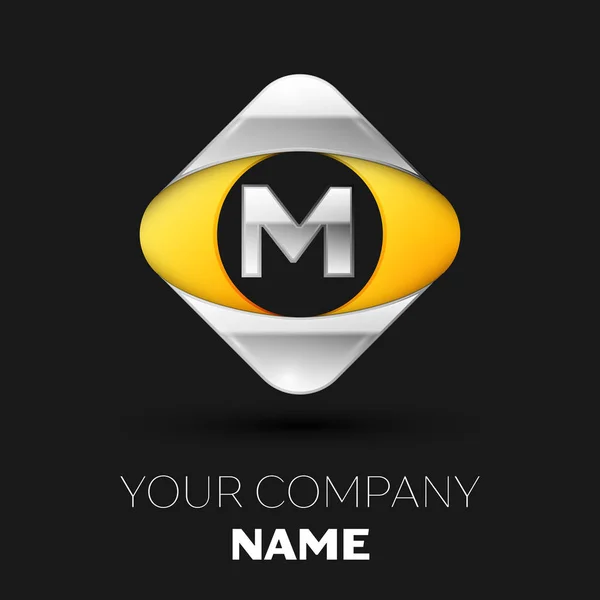 Symbole du logo de la lettre M en argent réaliste dans la forme carrée jaune argenté colorée sur fond noir. Modèle vectoriel pour votre conception — Image vectorielle