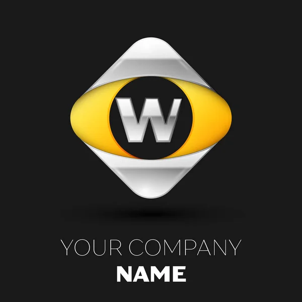 Reális ezüst betű W logo szimbólum a színes ezüst-sárga négyzet alakú, fekete háttér. A design vektor sablon — Stock Vector
