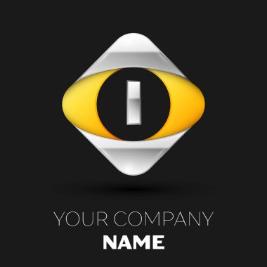 Gerçekçi gümüş harf ı logo sembol siyah arka plan üzerinde renkli gümüş-sarı kare şeklinde. Tasarımınız için vektör şablonu