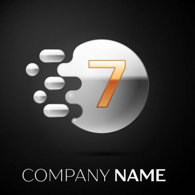 Altın yedi numara logo. Gümüş nokta sıçrama ve siyah arka plan üzerine sıvı kabarcık şekli. Tasarımınız için vektör şablonu