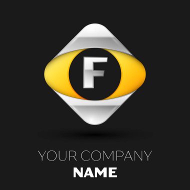 Gerçekçi gümüş harf F logo sembol siyah arka plan üzerinde renkli gümüş-sarı kare şeklinde. Tasarımınız için vektör şablonu