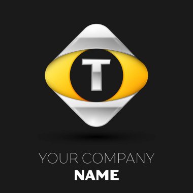Gerçekçi gümüş mektup T logo sembol siyah arka plan üzerinde renkli gümüş-sarı kare şeklinde. Tasarımınız için vektör şablonu