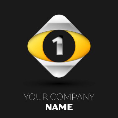 Gerçekçi gümüş bir logo sembol siyah arka plan üzerinde renkli gümüş-sarı kare şeklinde. Tasarımınız için vektör şablonu