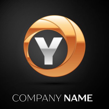 Y harfi logo sembol siyah zemin üzerine altın-gümüş renkli daire içinde. Tasarımınız için vektör şablonu