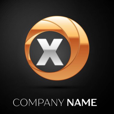 Mektup X logo sembol siyah zemin üzerine altın-gümüş renkli daire içinde. Tasarımınız için vektör şablonu