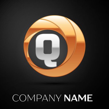 Harf Q logo sembol siyah zemin üzerine altın-gümüş renkli daire içinde. Tasarımınız için vektör şablonu