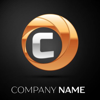 C harfi logo sembol siyah zemin üzerine altın-gümüş renkli daire içinde. Tasarımınız için vektör şablonu
