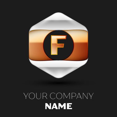 Gerçekçi altın harf F logo sembol siyah arka plan üzerinde renkli gümüş-altın altıgen şeklinde. Tasarımınız için vektör şablonu