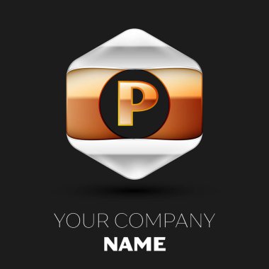 Gerçekçi altın harf P logo sembol siyah arka plan üzerinde renkli gümüş-altın altıgen şeklinde. Tasarımınız için vektör şablonu