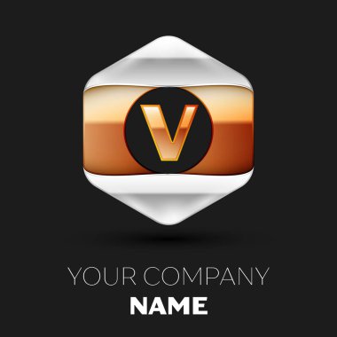 Gerçekçi altın harf V logo sembol siyah arka plan üzerinde renkli gümüş-altın altıgen şeklinde. Tasarımınız için vektör şablonu