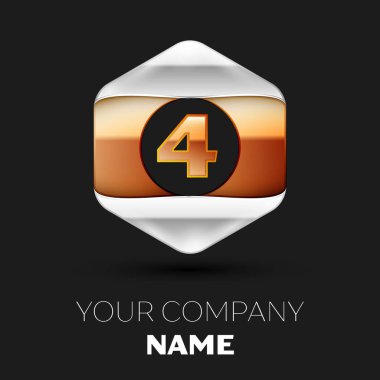 Gerçekçi dört numara harf logo sembol siyah arka plan üzerinde renkli gümüş-altın altıgen şeklinde. Tasarımınız için vektör şablonu