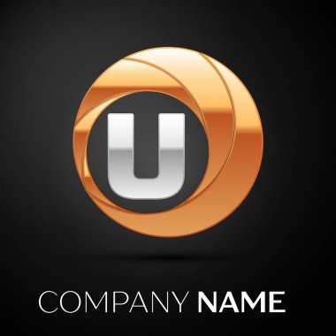 Mektup T logo sembol siyah zemin üzerine altın-gümüş renkli daire içinde. Tasarımınız için vektör şablonu