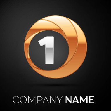 Bir numaralı logo sembol siyah zemin üzerine altın-gümüş renkli daire içinde. Tasarımınız için vektör şablonu