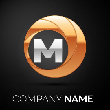 Harf M logo sembol siyah zemin üzerine altın-gümüş renkli daire içinde. Tasarımınız için vektör şablonu