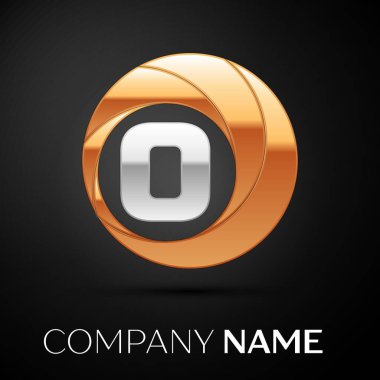 O harfi logo sembol siyah zemin üzerine altın-gümüş renkli daire içinde. Tasarımınız için vektör şablonu