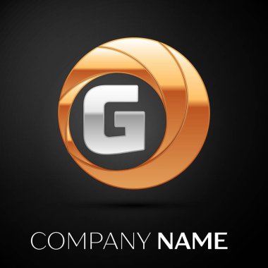 G harfi logo sembol siyah zemin üzerine altın-gümüş renkli daire içinde. Tasarımınız için vektör şablonu