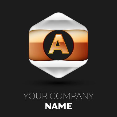 Gerçekçi altın harf logo sembol siyah arka plan üzerinde renkli gümüş-altın altıgen şeklinde. Tasarımınız için vektör şablonu