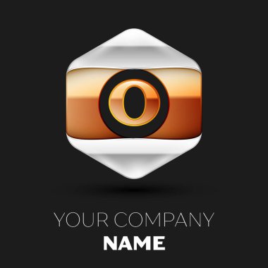 Gerçekçi altın harf O logo sembol siyah arka plan üzerinde renkli gümüş-altın altıgen şeklinde. Tasarımınız için vektör şablonu