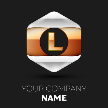 Gerçekçi altın L harfi logo sembol siyah arka plan üzerinde renkli gümüş-altın altıgen şeklinde. Tasarımınız için vektör şablonu