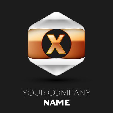 Gerçekçi altın harf X logo sembol siyah arka plan üzerinde renkli gümüş-altın altıgen şeklinde. Tasarımınız için vektör şablonu