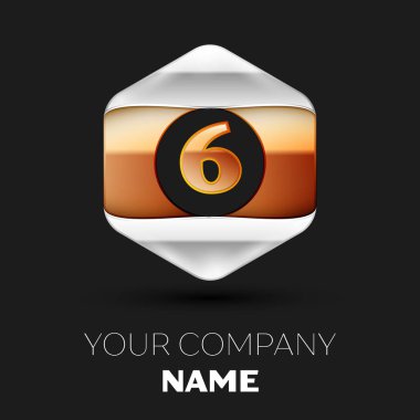 Gerçekçi altı numara harf logo sembol siyah arka plan üzerinde renkli gümüş-altın altıgen şeklinde. Tasarımınız için vektör şablonu