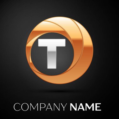 Mektup T logo sembol siyah zemin üzerine altın-gümüş renkli daire içinde. Tasarımınız için vektör şablonu