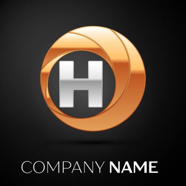 H harfi logo sembol siyah zemin üzerine altın-gümüş renkli daire içinde. Tasarımınız için vektör şablonu